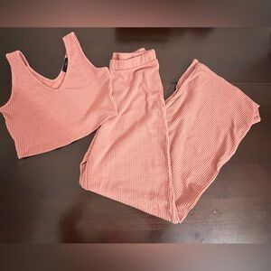 21 Saints Textured Knit Lounge Set Crop Tank & Wide Leg Pants Pink Size L